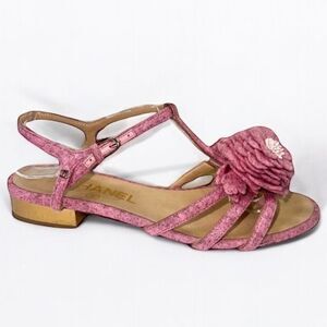 Authentic CHANEL Dusty Pink Tweed CC Logo Camellia Flower Sandals Size E…